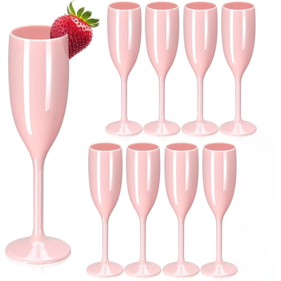8Pcs Light Pink Plastic Champagne Flutes, Reusable Unbreakable Champagne Glasses, Toasting Goblet Cups for Bachelorette, Wedding, Bridal Shower & Party