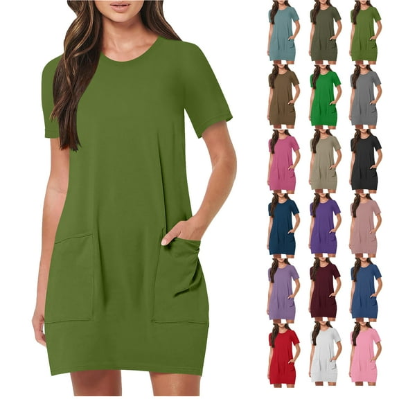 Aoujea 2025 Womens Dress Summer Casual Short Sleeve Crew Neck Sundress T Shirt Loose With Pockets S-2XL
