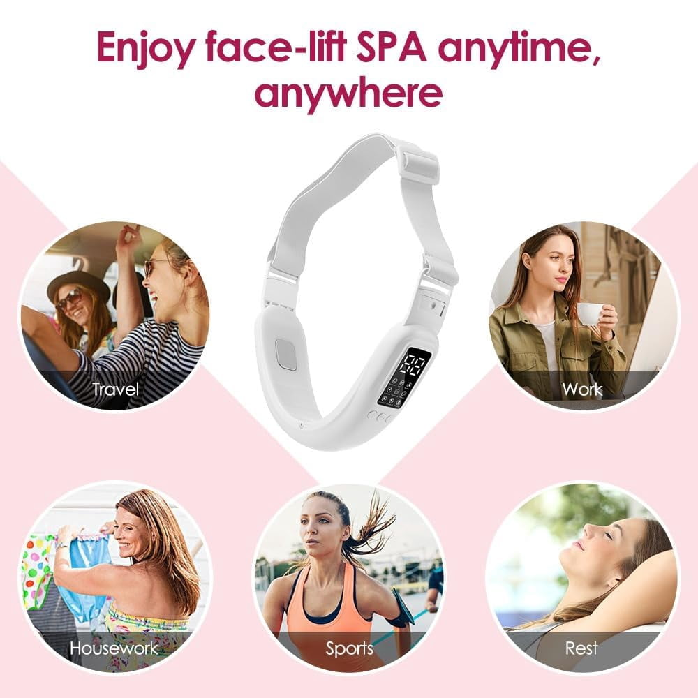 Vitala V Line Lifting Device and Double Chin Reducer, Electric Facial Massager with 8 Modes and 15 Intensities for V Face Contouring (1 Count, White)