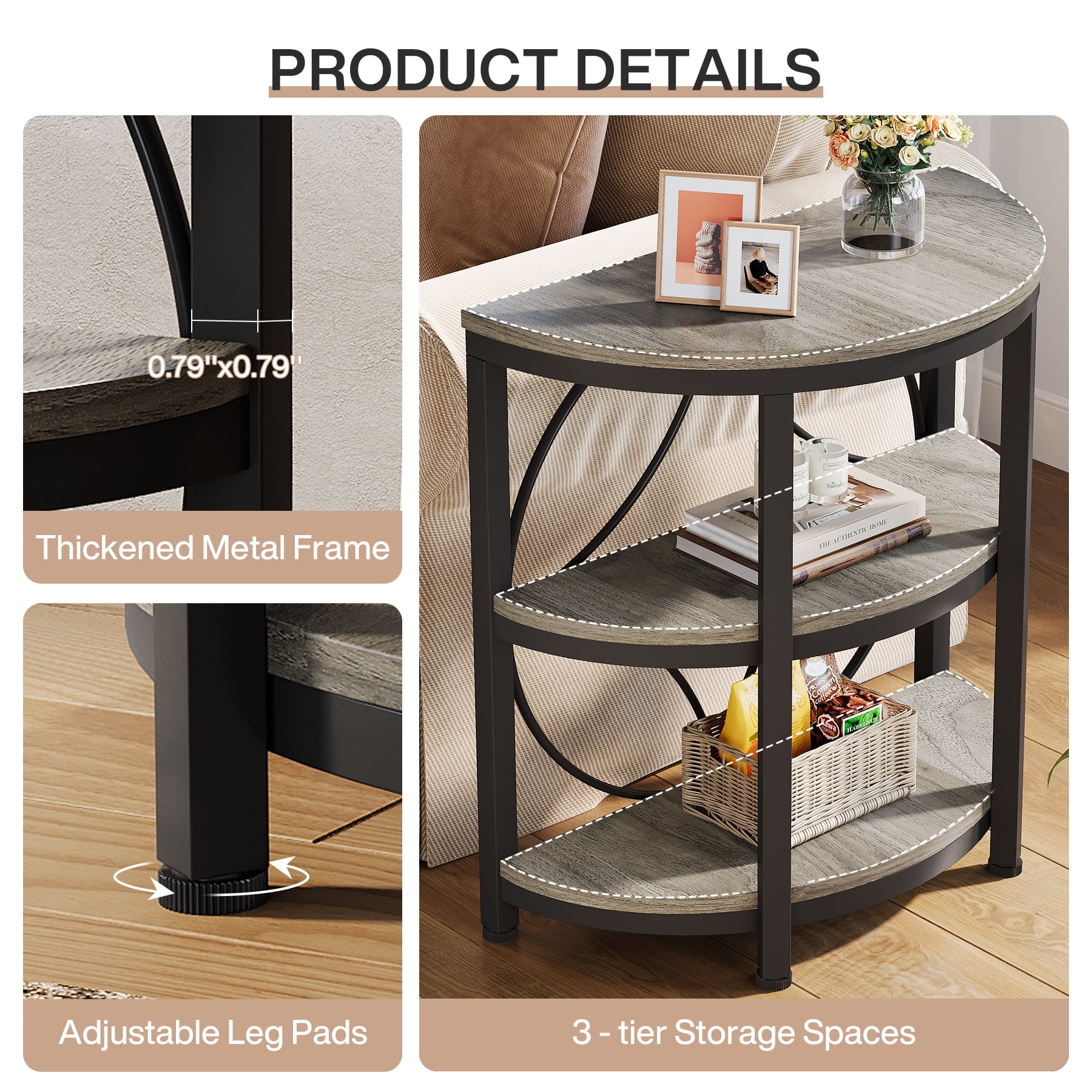 Fnova Farmhouse Half-Moon End Table, 3-Tier Storage Wood Side Table with Metal Frame, Modern Bedside Table, Narrow Sofa Table for Living Room Bedroom, Easy Assembly, Gray
