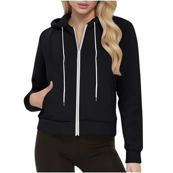 Fashion Plus Size Pullover Hoodie for Womens Zip Up Casual Loose Short Style Solid Color Pocket Long Sleeved Zipper Hooded Sweatshirt Top