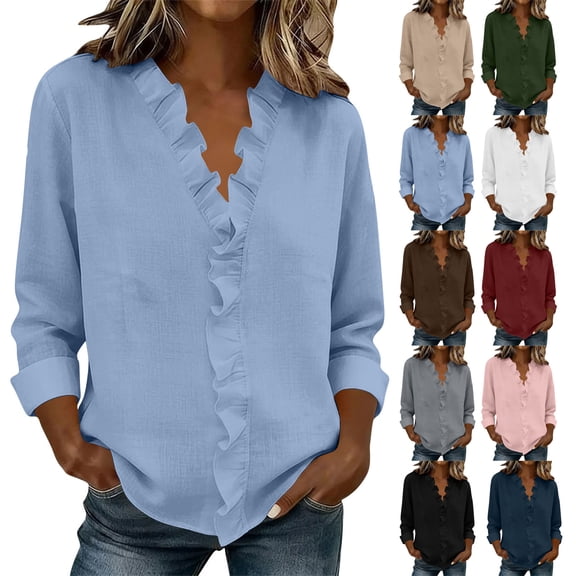 TAGOLD Womens 3/4 Sleeve V-Neck Blouses & Shirts Ruffle Neck Solid Color Linen Casual Top