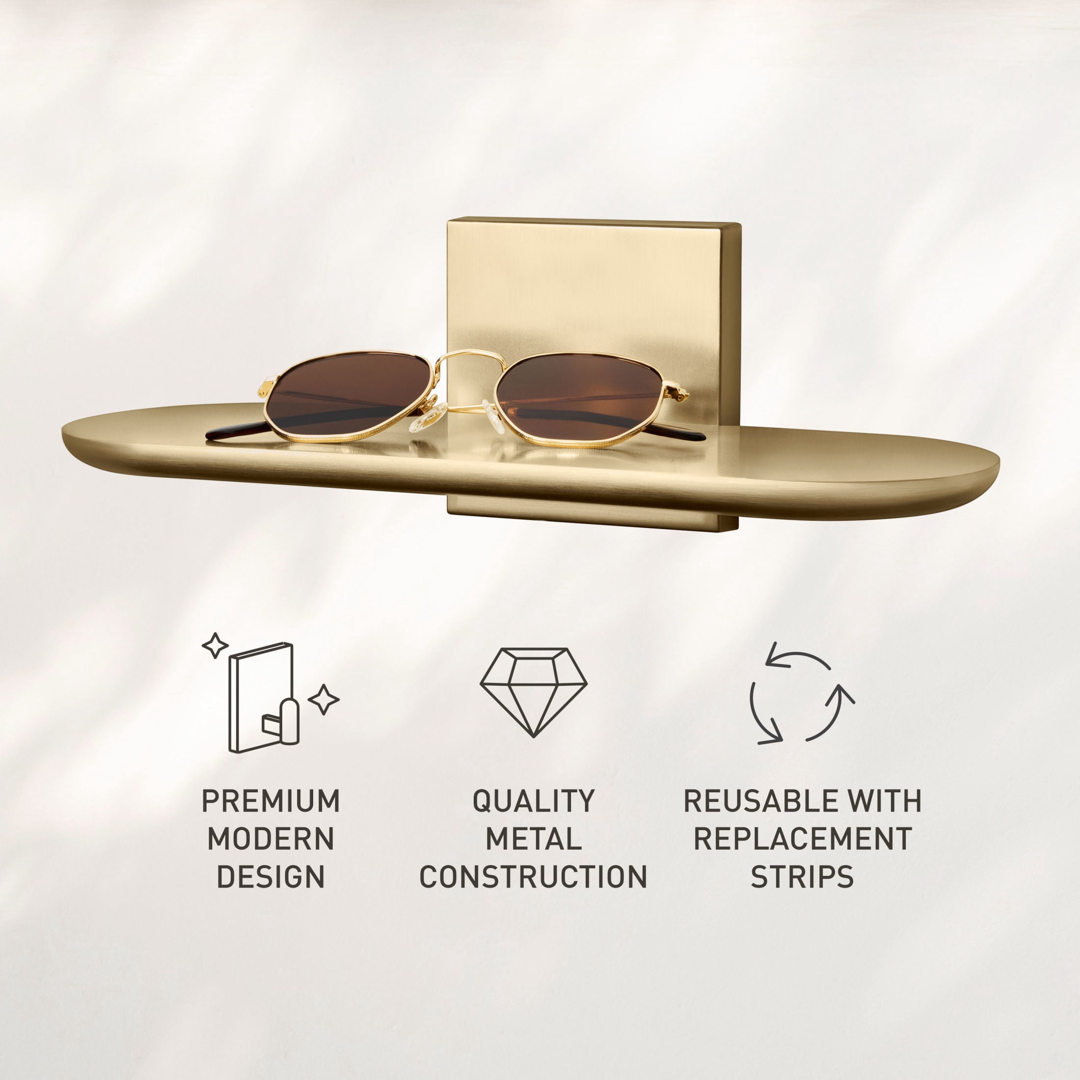 Command Decor Metal Wall Shelf, Brushed Brass, Holds 5 lbs, 1 Shelf, 8 Large Adhesive Strips