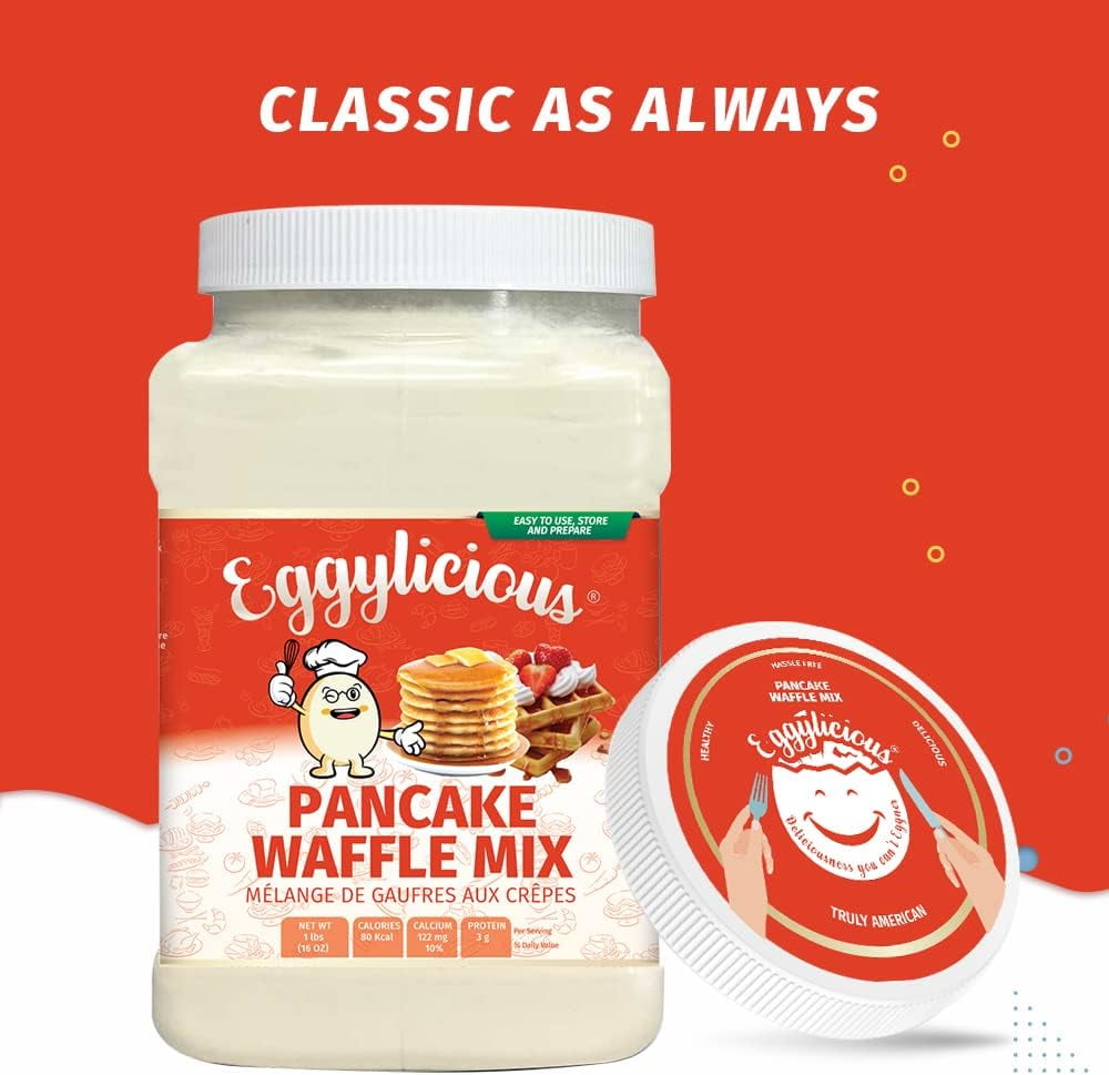 Eggylicious- PACK of 4 - Pancake/Waffle Mix – Made w/ Premium Ingredients – Classic Recipe – Delicious Breakfast – Loved by Kids & Adults – 1 lbs. Easy Store Jar