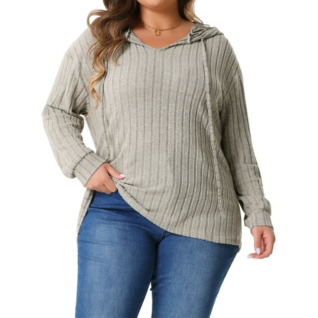 Sudaderas con capucha de mujer plus size GRACE & GRANDEUR, livianas, con cordón, de manga larga, moda, 3X, color caqui