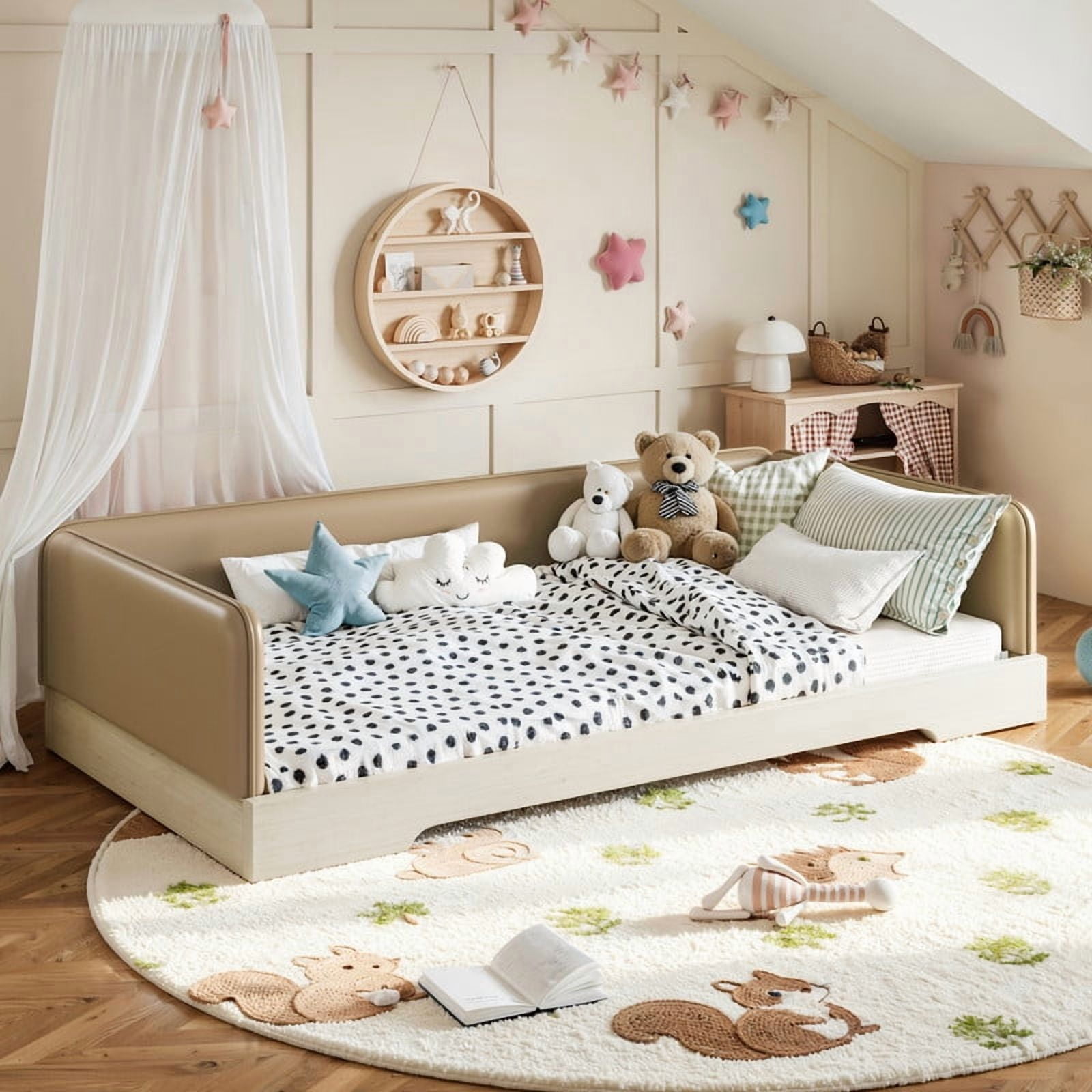 Twin Size Faux Leather Upholstered Floor Bed, Kids Montessori Bed Frame with Removable Guardrail, Low Profile Platform Bed