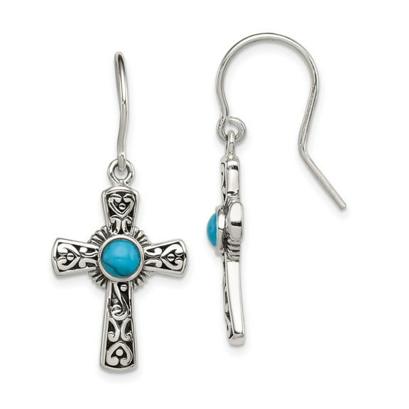 Sterling Silver Turquoise Cross Pendant Necklace for Men and Women with Sunburst Pattern Filigree Design Blue Gemstone Western Religious Faith Style Jewelry