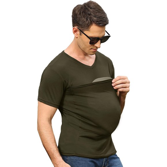Chandail Porte-Bébé pour Hommes à Col en V, Manches Courtes, T-Shirts pour Hommes, T-Shirt Peau à Peau avec Poche
