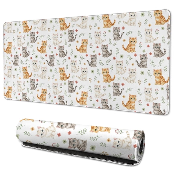 35.4x15.7 Inch Gaming Mouse Pad, Non-Slip Stitched Rubber Desk Mat for Desktop & Laptop,Cat Floral Kitten White Pattern