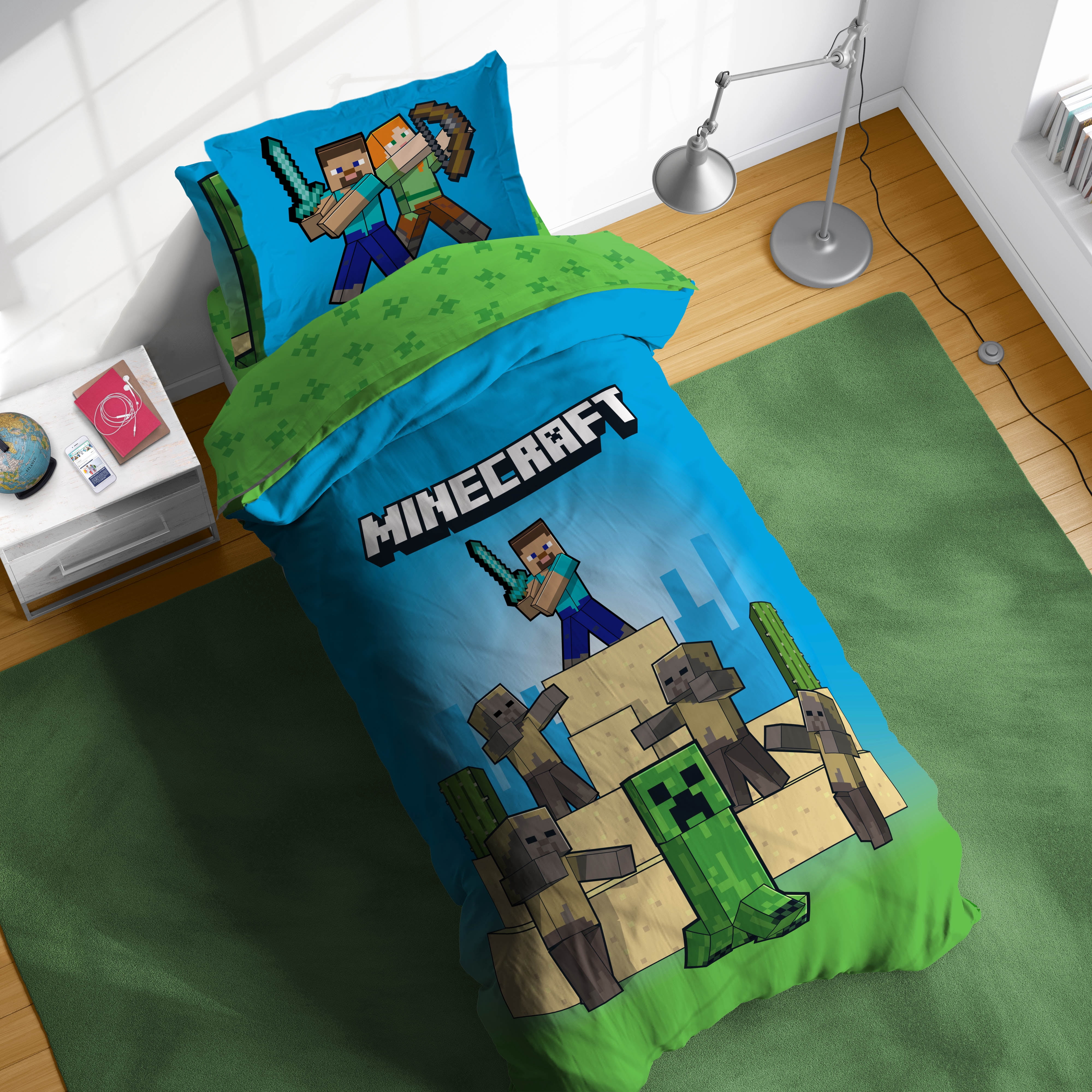 Minecraft Desert Mob Action 5 Piece Twin Size Kids Comforter Set with Sham - Gaming Bed Sets for Kids and Teens