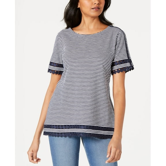 Charter Club Petite Cotton Circle Trim Top Intrepid Blue Combo PXL