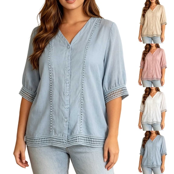 Bixock Women's Maternity Tops 3/4 Sleeve Button Down Maternity Shirts Crew Neck Maternity Blouse Soft Breathable Pregnant Tops Comfortable Maternity Clothings