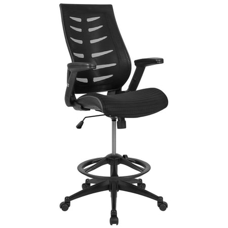 UPC: 0889142669715 | Flash Furniture Kale High Back Black Mesh Spine-Back Ergonomic Drafting Chair with Adjustable Foot Ring and Adjustable Flip-Up Arms