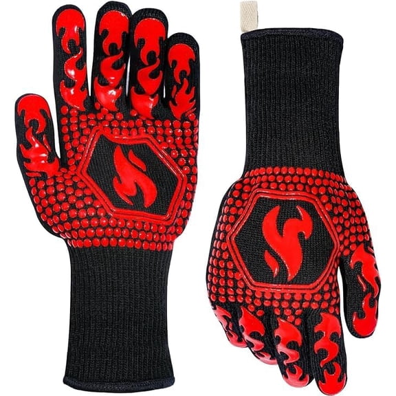 Oven Gloves Grill Gloves, 1472℉ Heat Proof Non-Slip Grill Oven Gloves with Fingers, Men & Women BBQ Accessories for Cooking, Barbecuing, Baking, Kitchen and Cutting - 1 Pair Red（14inch）