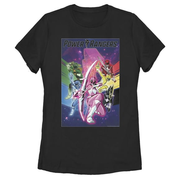 Women's Power Rangers Cartoon Poster Graphic Tee Black Medium