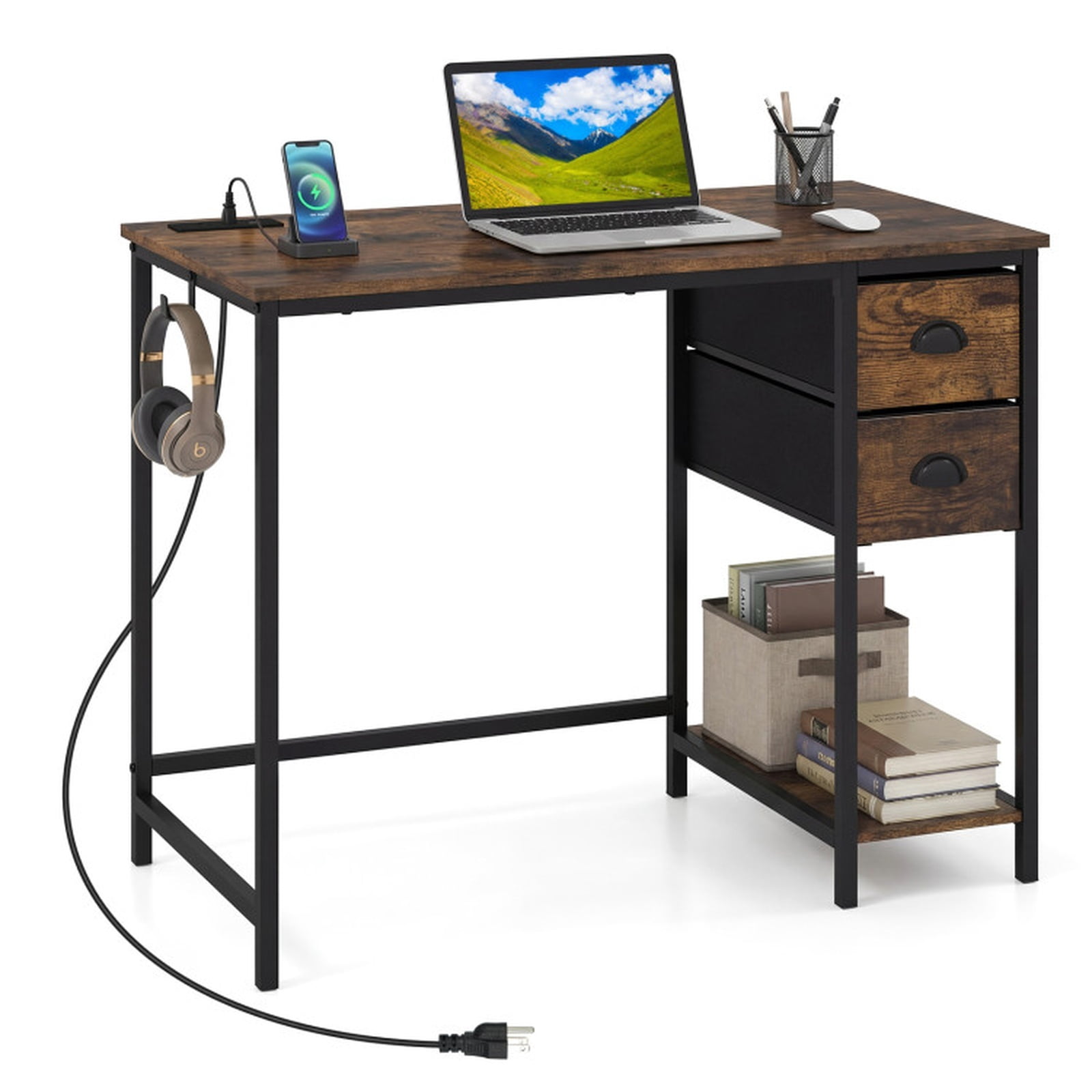 Furnibear Computer Desk Small Home Office Desk with Charging Station and 2 Fabric Drawers for Small Spaces Study, Rustic Brown