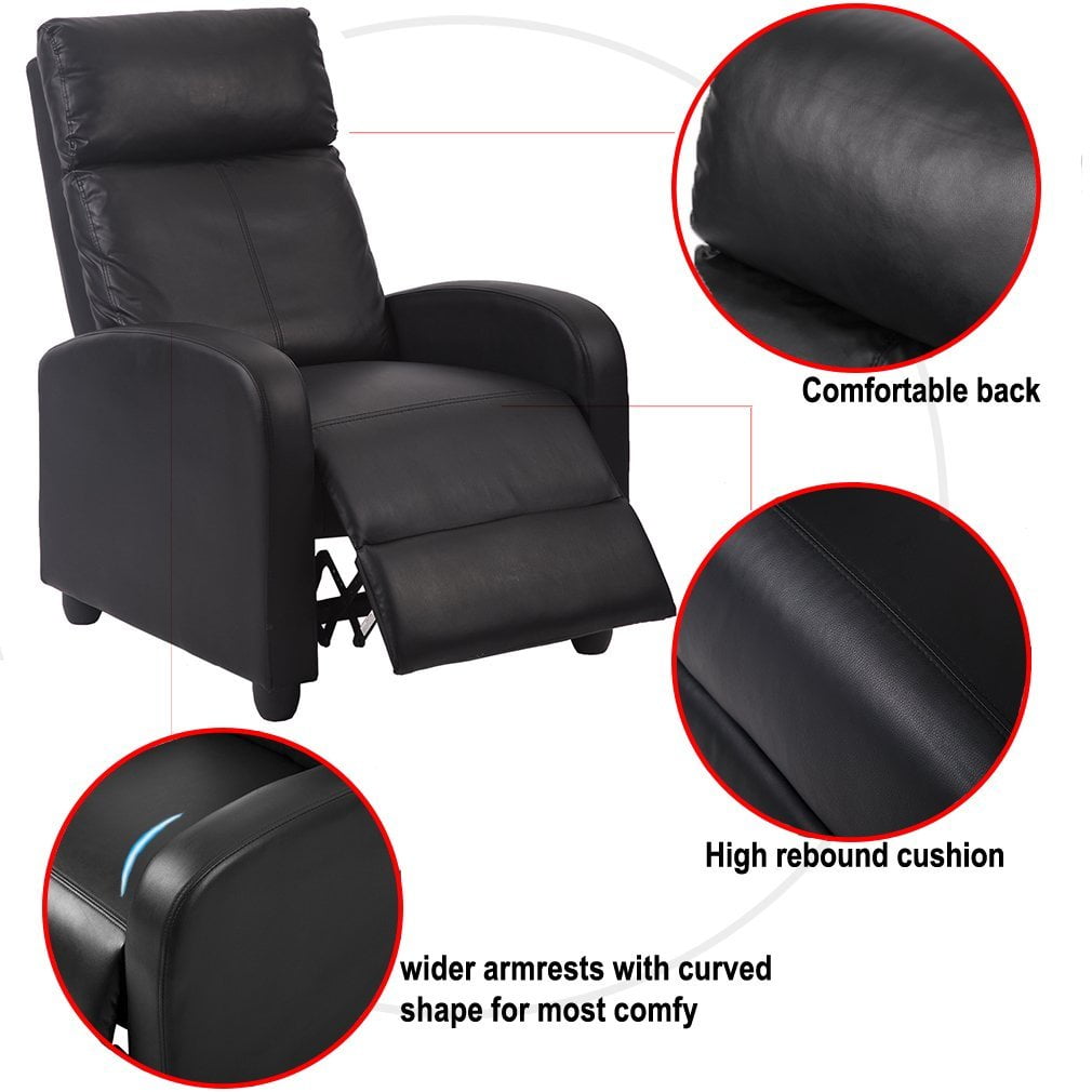 FDW Recliner Chair for Living Room Furniture Home Theater Seating Glider Chairs Modern Wingback Single Sofa PU Leather with Footrest (Black)