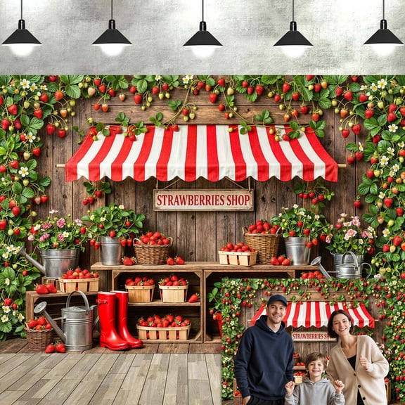 Strawberry Shop Photography Backdrop, Rustic Wooden Farm Stand Red Berry Floral Background for Kids Birthday Party Baby Shower Photo Booth Decorations Banner, 8x6ft