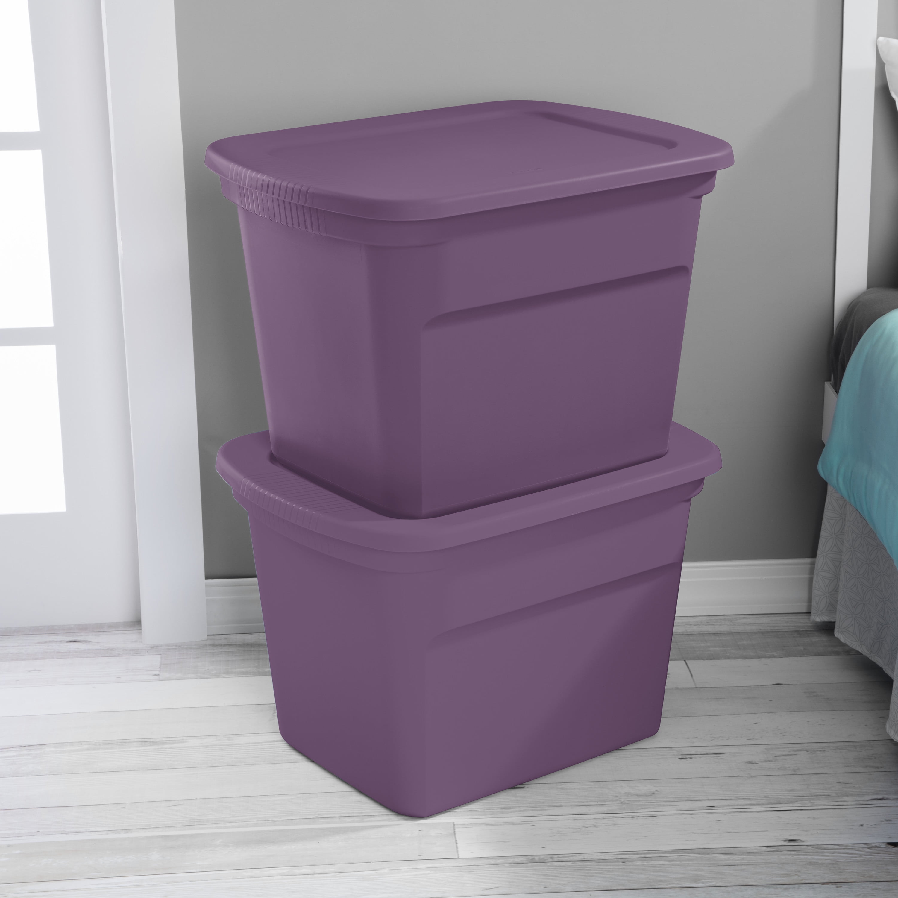 Large 18 Gal. Opaque Plastic Storage Tote Bin with Lid, Purple, 8 Count