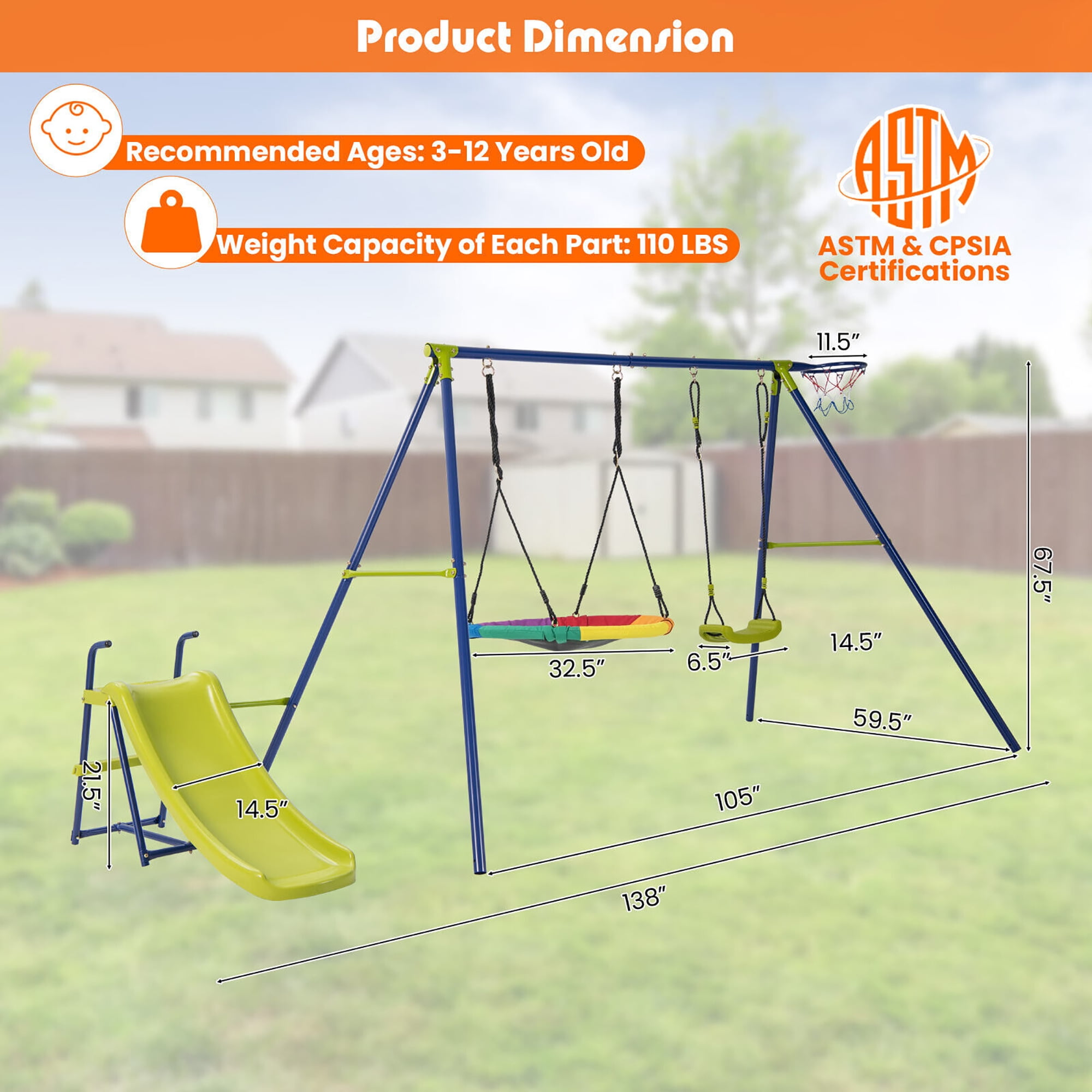 Gymax 4-in-1 Swing Set for Backyard Heavy-Duty Metal Playset for 3-12 Years Old Kids