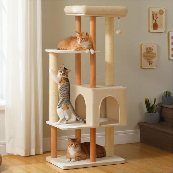 53" Modern Wooden Cat Tree for Large Cats with Solid Wood Posts