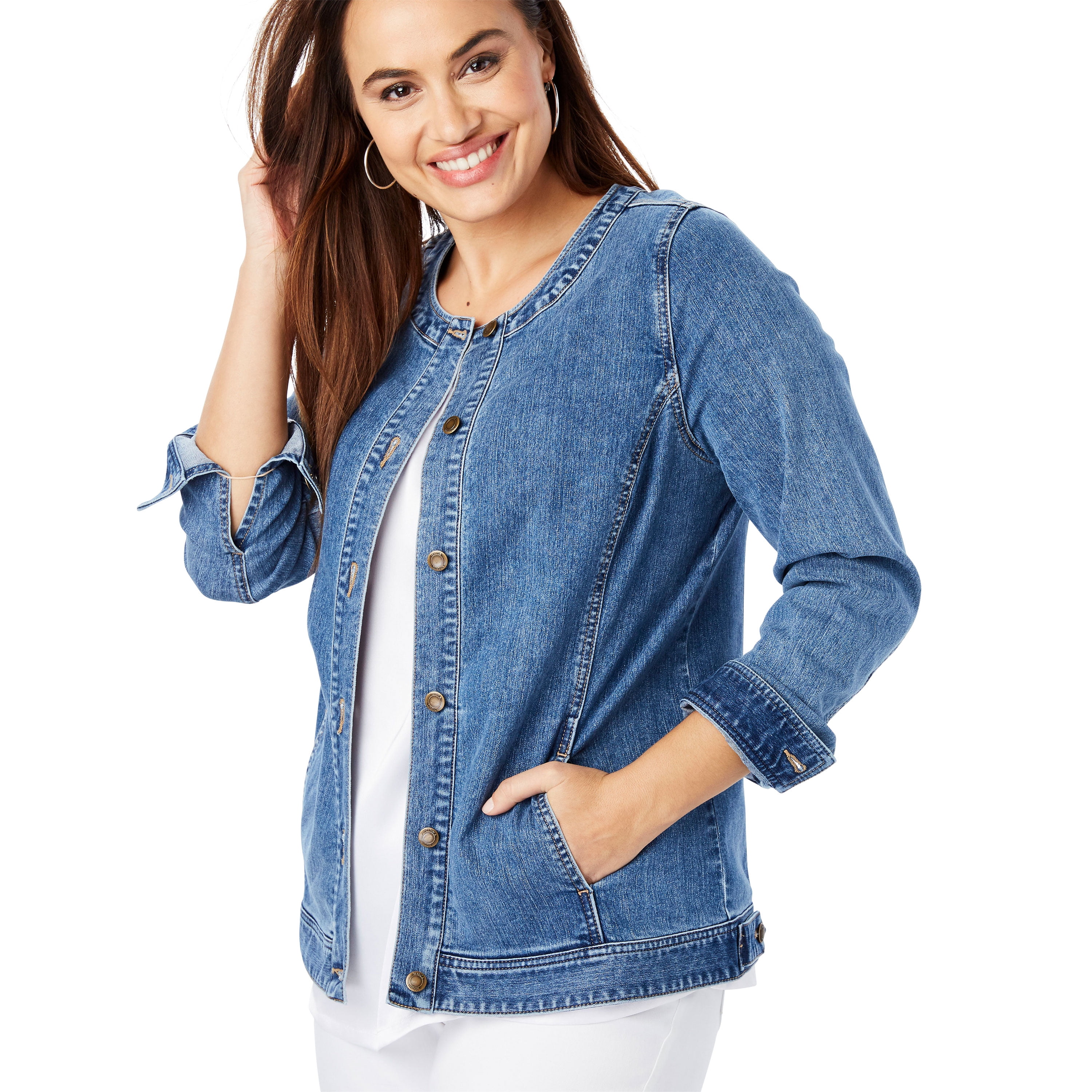 women's collarless denim jacket