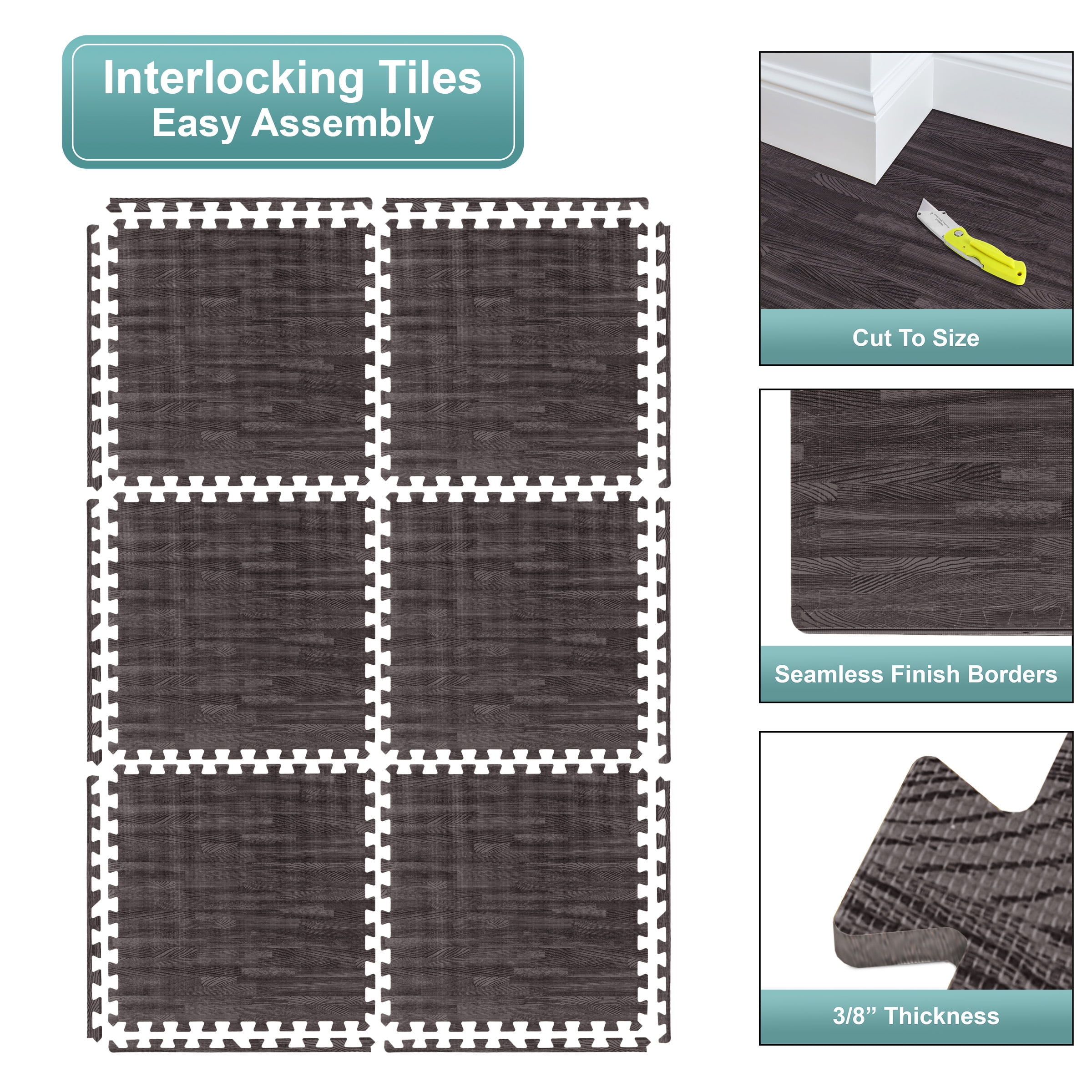 Sorbus Waterproof Wood Grain Foam Floor Tiles, 16 Tiles, 64 Sq Ft, Interlocking, Black Carbon
