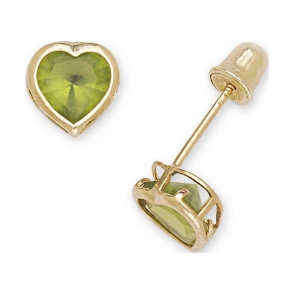 14k Yellow Gold August Green 5x5mm CZ Heart Screw-Back Earrings - Measures 6x6mm