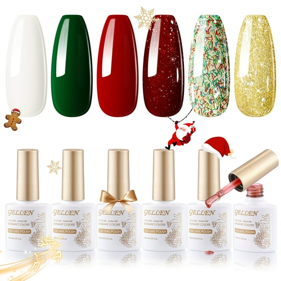 Gellen Gel Nail Polish Set, 6 Colors White Sparkle Red Glitter Gold Jelly Dark Green Bright Red Gel Polish Set Nail Art Gifts for Women