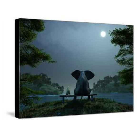 Elephant and Dog Meditate at Summer Night, Animals Stretched Canvas Wall Art by MikeKiev Sold by Art.Com