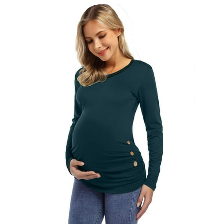 

Women s Maternity Tops Long Sleeve Crewneck Side Ruched Tunic T-Shirt Pregnancy Shirt Buttoned Pregnant Women s Top T-Shirt Gray
