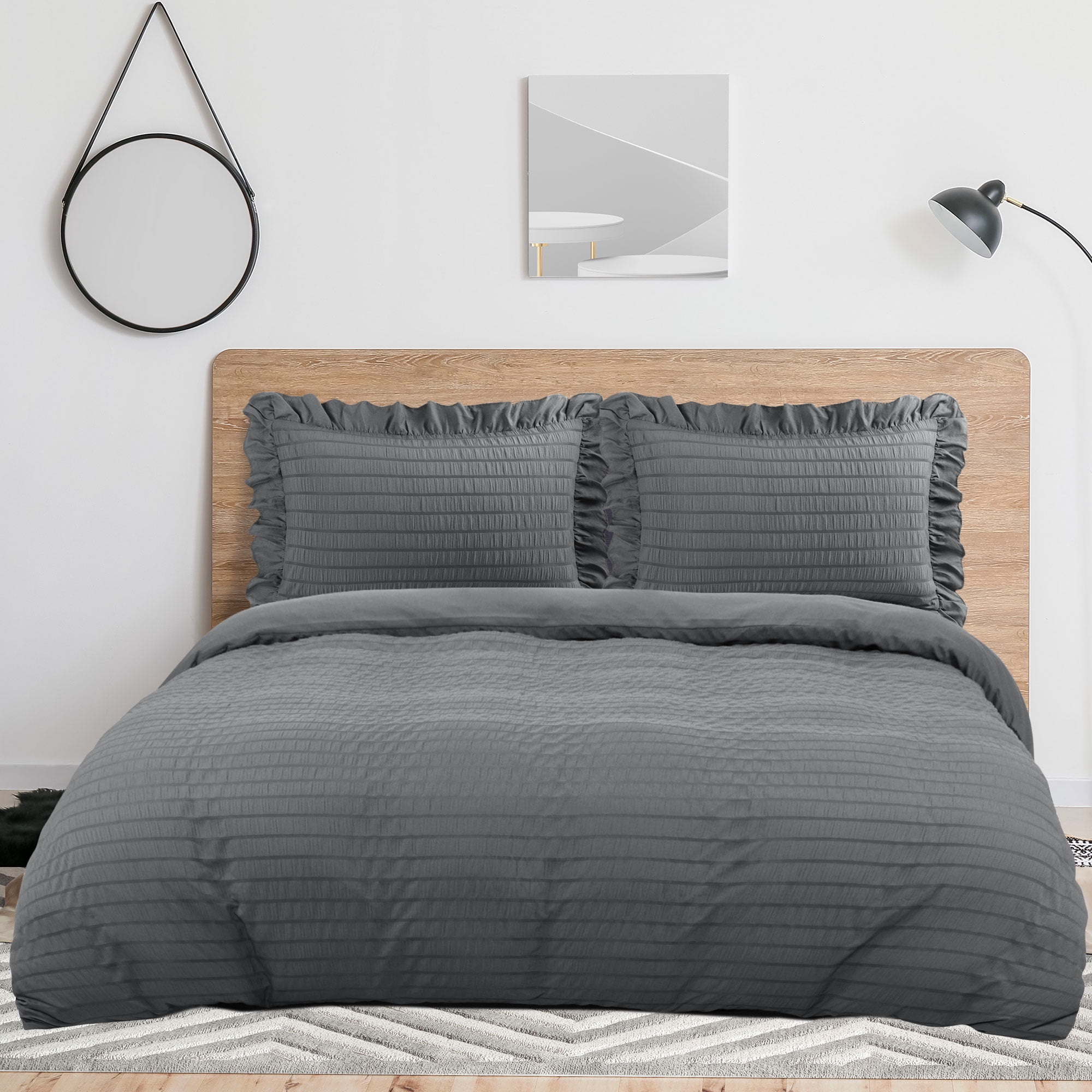 Unique Bargains Microfiber 3 Pieces Seersucker Duvet Cover Set King Dark Grey