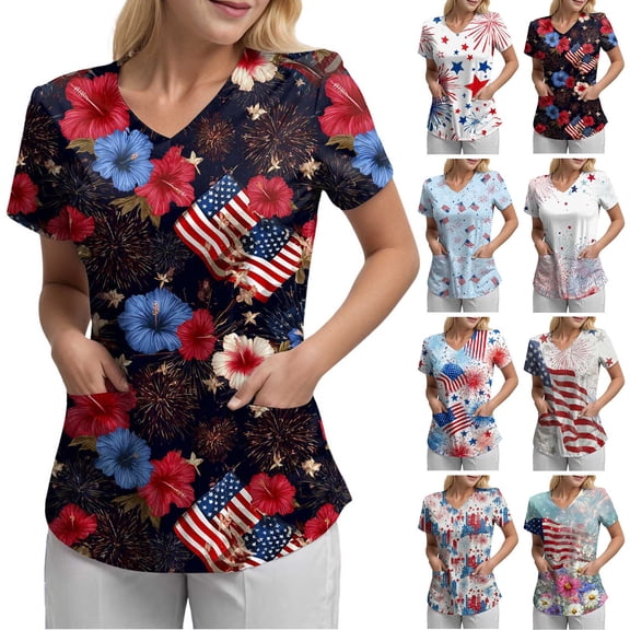 GEWSEY Scrub Tops for Women 2026 Summer Independence Day Printed Short Sleeve V Neck Scrubs Nurse Uniforms Tops with Pockets (Navy, 3XL)