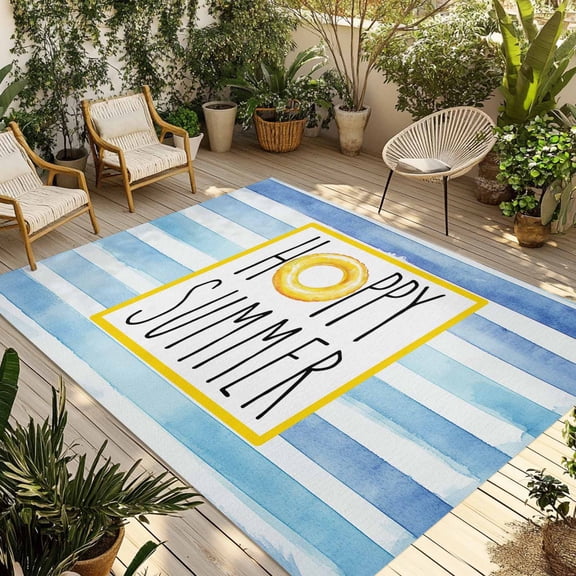 Fsddascl Blue Striped Outdoor Rug for Patio/Deck/Porch, Non-Slip Large Area Rug 4 x 6 Ft, Summer Beach Swimming Ring Vintage Indoor Outdoor Rugs Washable Area Rugs, Reversible Camping Rug Carpet