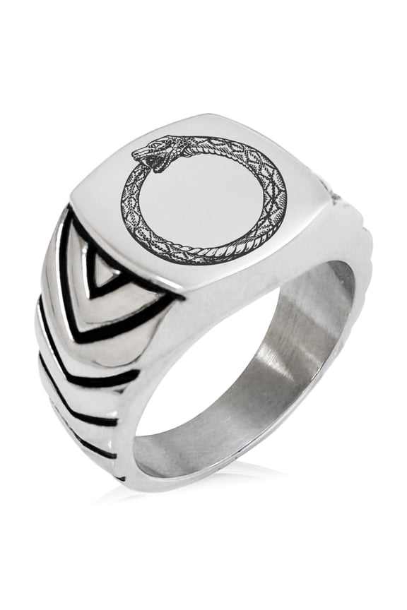 Stainless Steel Greek Mythology Ouroboros Chevron Pattern Biker Style Polished Ring