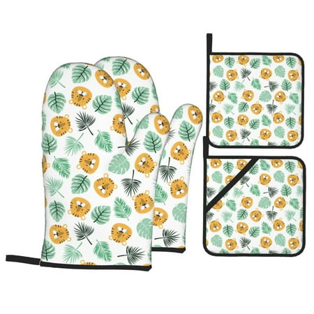 

Oven Mitts and Pot Holders 4 Piece Tiger leaves High Heat Slip Resistant Oven Mitt and Trivets Set Kitchen Oven Glove Pot Holders for Cooking Baking Grilling