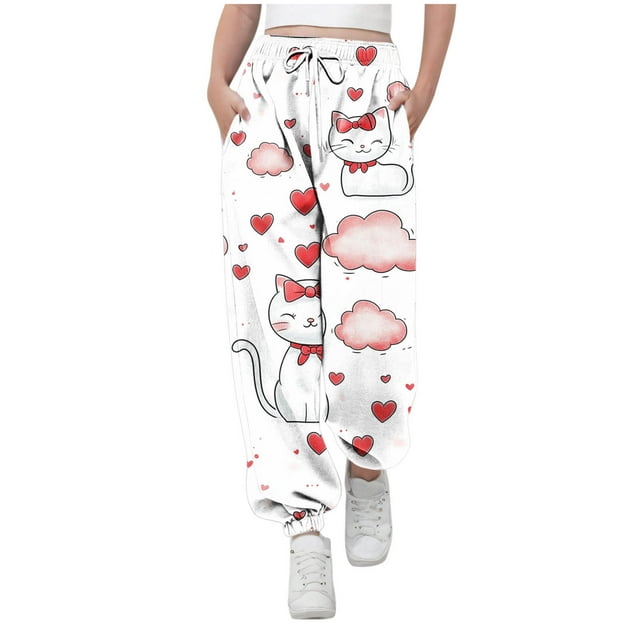 Pantalones largos para niños y niñas con estampado de cintura elástica y cordón con bolsillo, pantalones largos de cintura alta, pantalones de algodón para niña