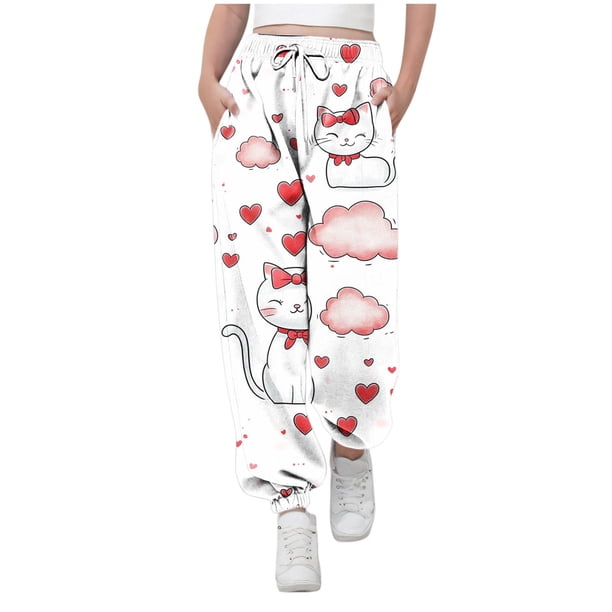 Pantalones largos para niños y niñas con estampado de cintura elástica y cordón con bolsillo, pantalones largos de cintura alta, pantalones de algodón para niña