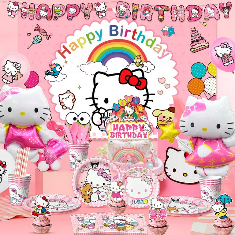 Hello Kitty Birthday Decorations,124pcs Hello Kitty Party Decorations & Hello Kitty Party Tableware Set - Hello Kitty Party Plates Cups Napkins Backdrop Balloon Banner etc Hello Kitty Party Supplies