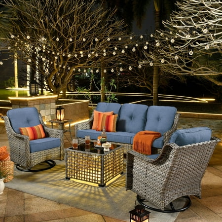 Ovios 5 Pieces Outdoor Patio Furniture Set High-Back Rattan Wicker Conversation Set Outdoor Sectional with Swivel Chairs & Solar Light Coffee Table, Denim Blue