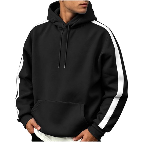 Gytharion Men's Contrast Stripe Hoodies Drawstring Kangaroo Pockets Solid Color Casual Pullovers Winter Warm Classic Sports Sweatshirts