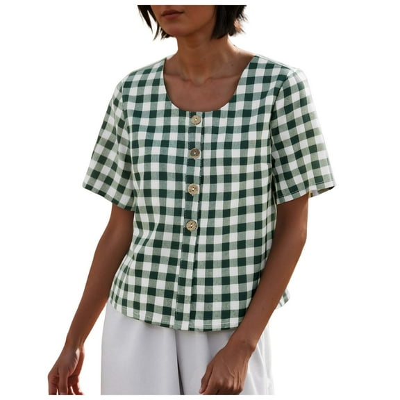 vigerkar Women's Gingham Button Down Shirt Cotton Shirt Plaid Blouses Short Sleeve Summer Tunic Tops Green, XL