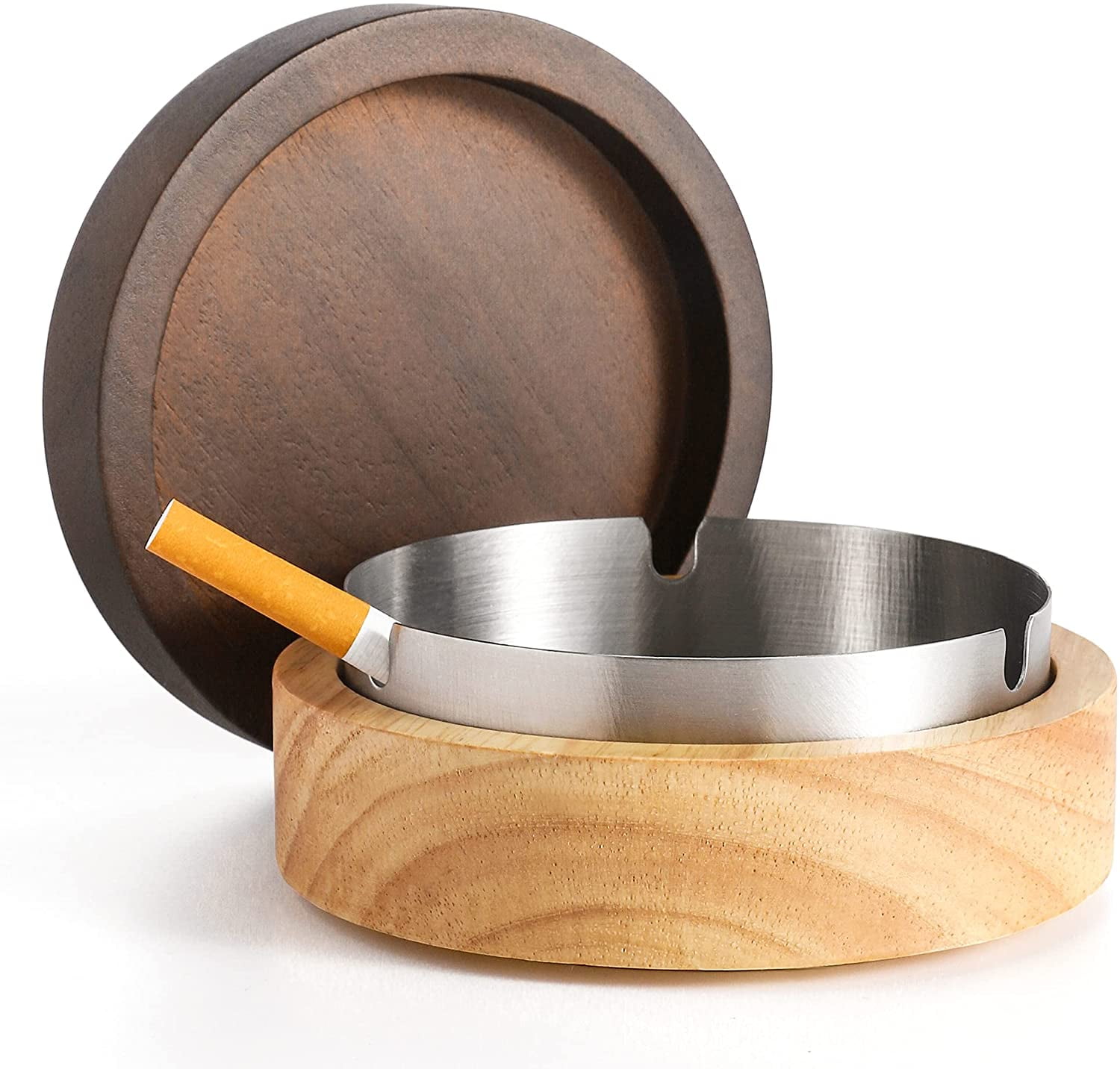 Cigarettes Ashtrays With Lid ，Wooden Ashtray With Stainless Steel