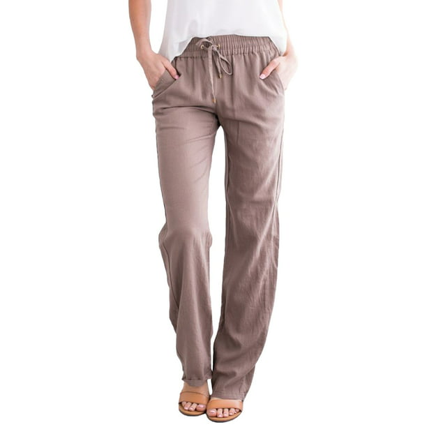 Women Solid Straight Solid Elastic Pants Long Drawstring Linen Women ...