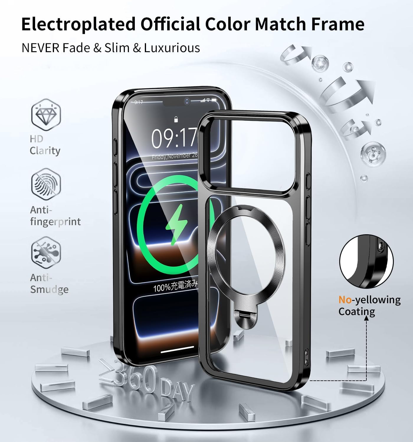 JETeacka CD Metal Ring & Invisible 360° Spin Stand Magnetic Case for iPhone 17 Pro Electroplated Bumper Compatible with MagSafe Slim Clear Cover-Black
