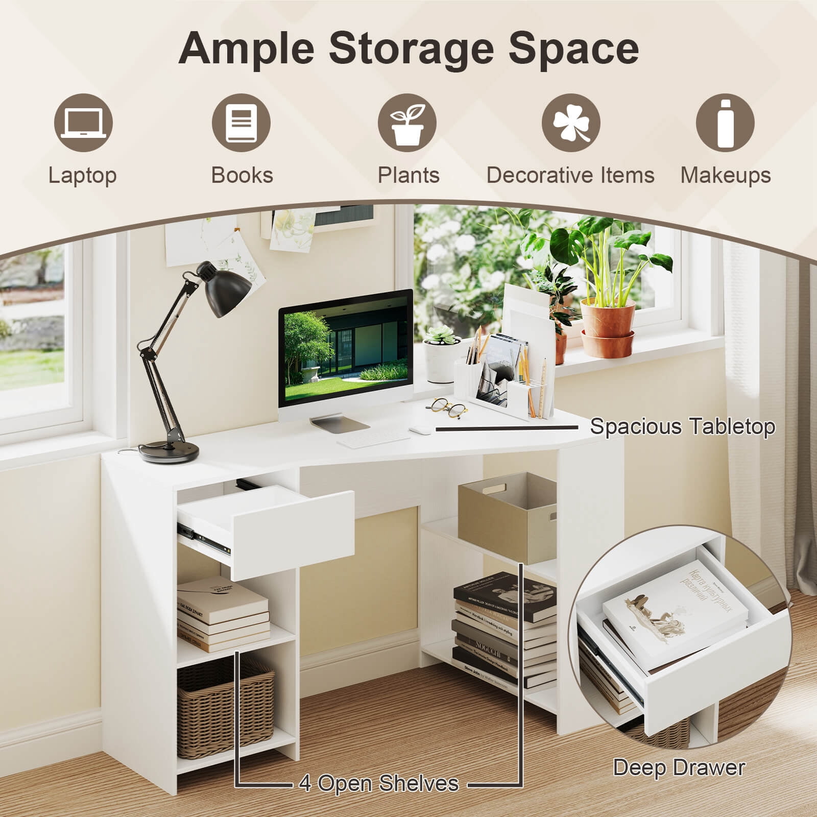Costway L Shaped Computer Desk with Drawer & Storage Shelves for Home Office Workstation