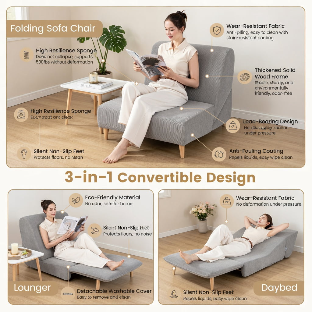 Hommoo 3-in-1 Folding Sofa Bed, Corduroy Convertible Lounger & Full-Size Guest Bed, Washable Zippered Cover, Gray