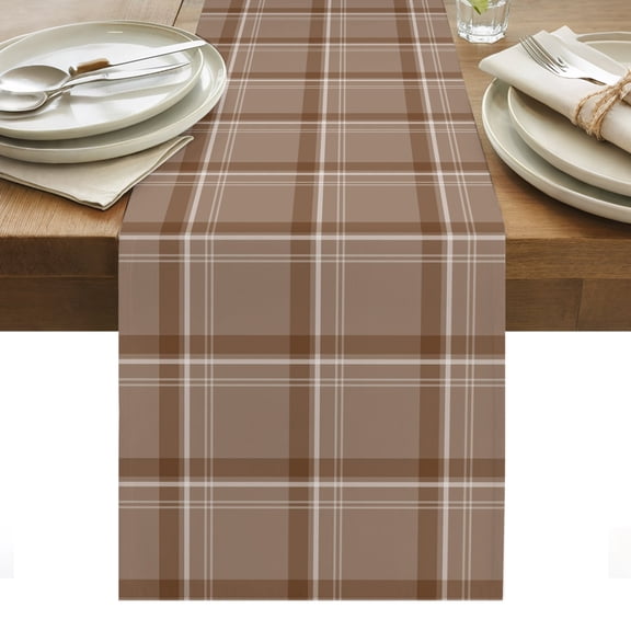 Brown Checkered Table Runner Stripes Brown Buffalo Plaid Tablerunners 18 x 72 Inch, Table Decorations Tabletop Scarf for Summer Gathering Holiday Farmhouse Kitchen Dining Decor