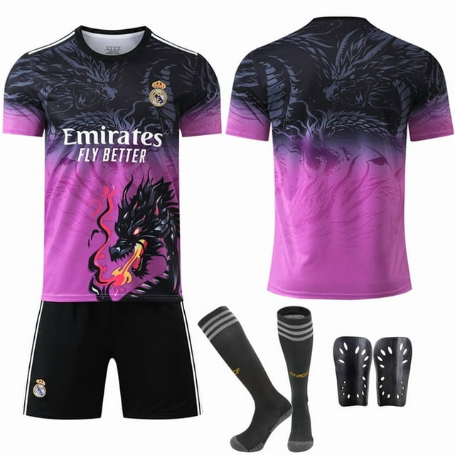 2425 Real Madrid Color Dragon Pattern Special Commemorative Edition No. 9 Mbappe 7 Vinicius 5 Bellingham Black and Purple No Number With Socks + Protective Gear SetS
