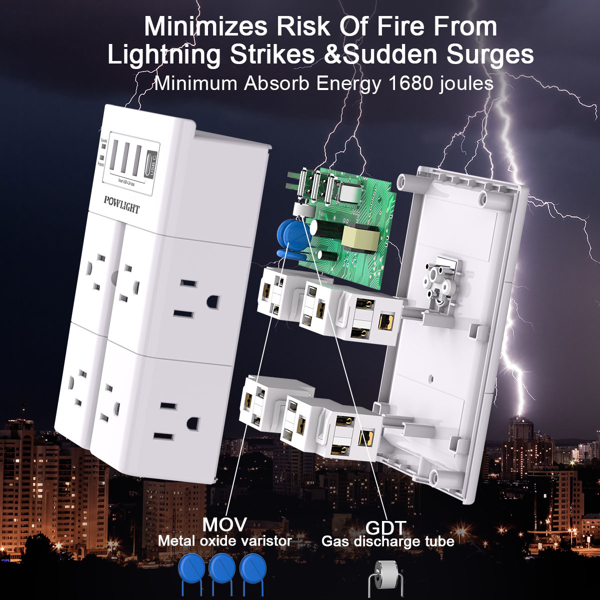 Powlight 8-Outlet Wall-Mount Surge Protector with USB Charging photo 6